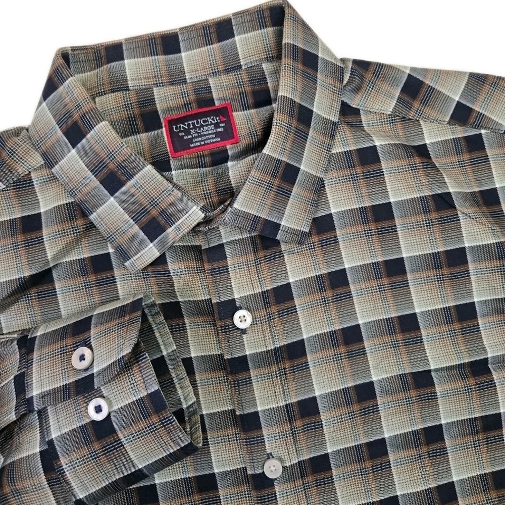UNTUCKit Men's XL Lerman WF Slim Fit Plaid‎ Shirt Long Sleeve Button Up Neutral